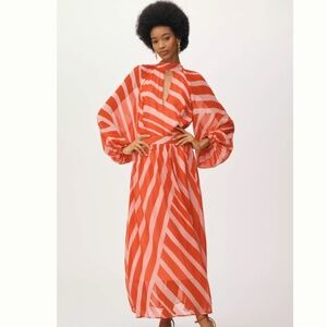 NWT ANTHROPOLOGIE MAEVE WOMENS MOCK NECK BISHOP SLEEVE PINK RED STRIPE DRESS 8